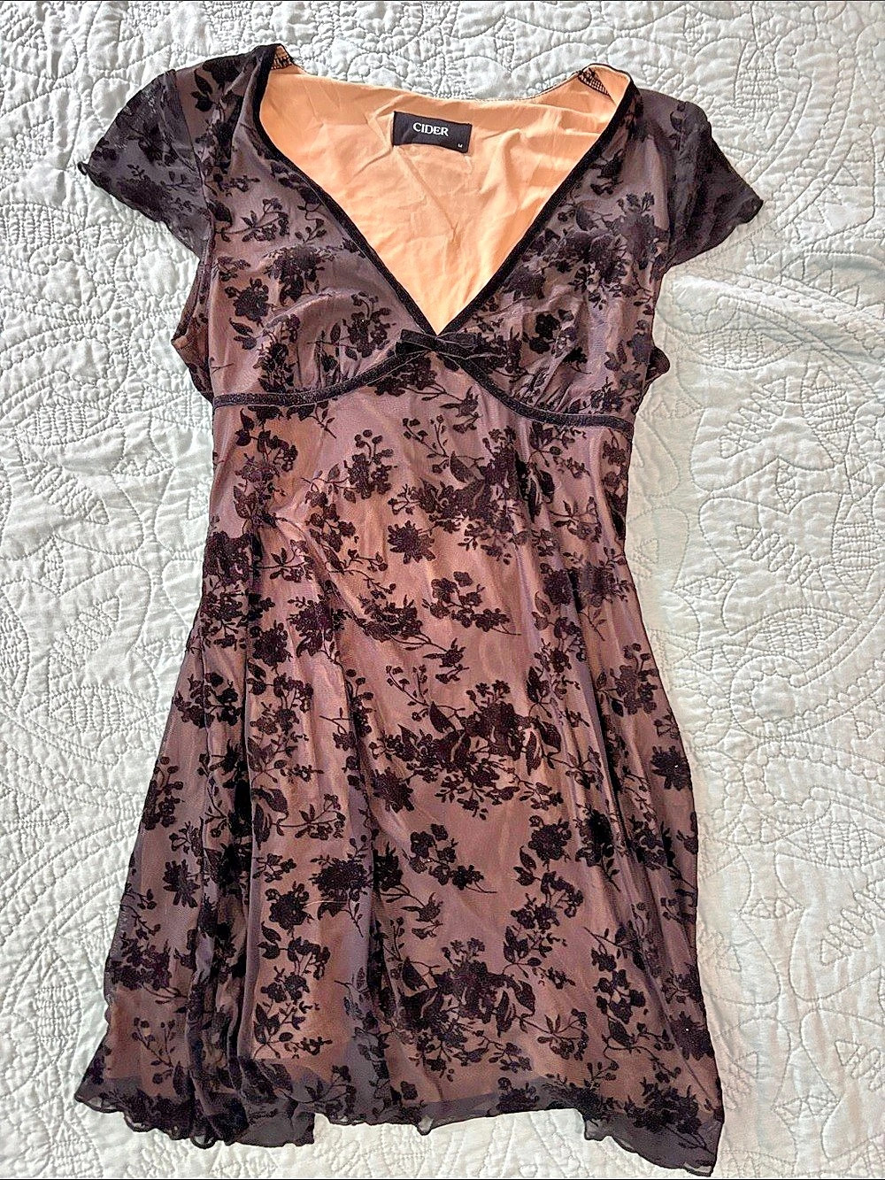 Cider Floral Velvet Mini Dress in Black and Nude  Size Medium